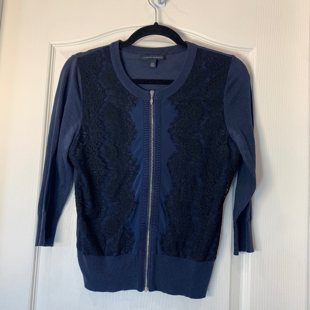 Banana Republic Elegant Blue and Black Cardigan‎ with Lace Appliqué – Size S